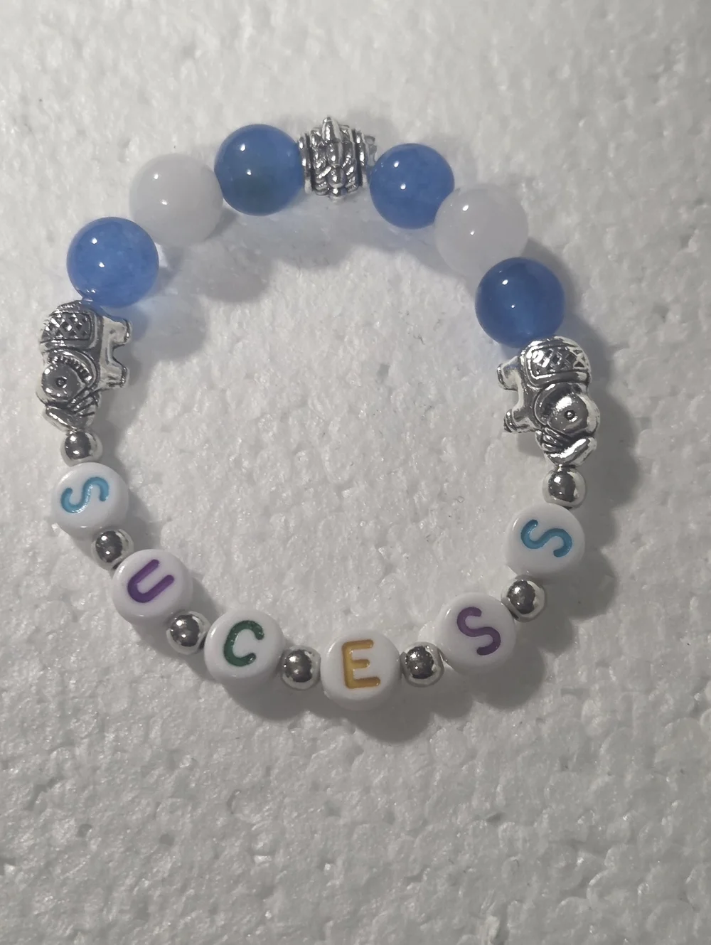 Handcrafted Beaded 'SUCCESS' Bracelet with Blue and White Gem Beads - Picture 1 of 10